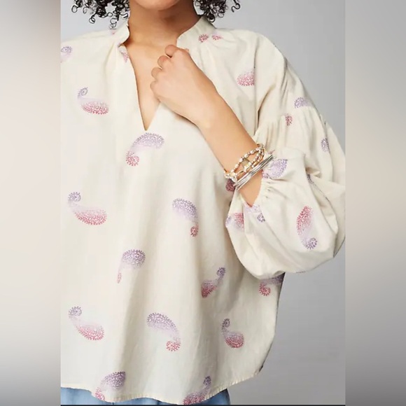 J. Jill Large Oversized Split Neck Cotton Blouse Top Puff Sleeves Lightweight - Picture 5 of 16